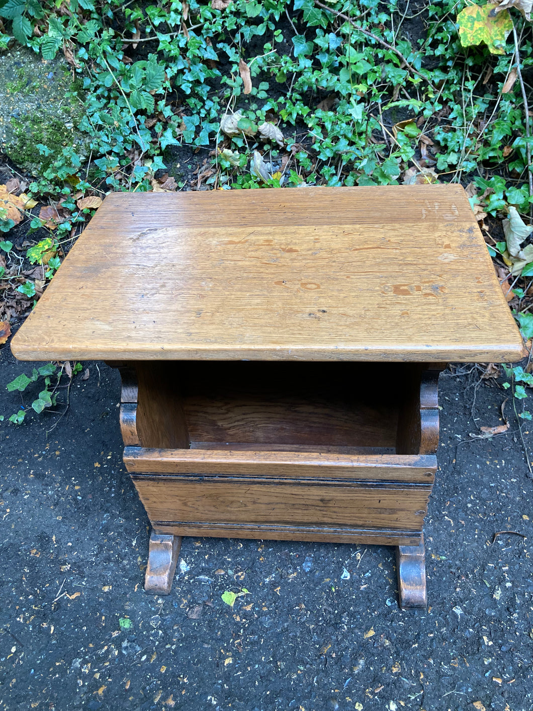 Vintage Solid Oak Side Table With Magazine Pocket