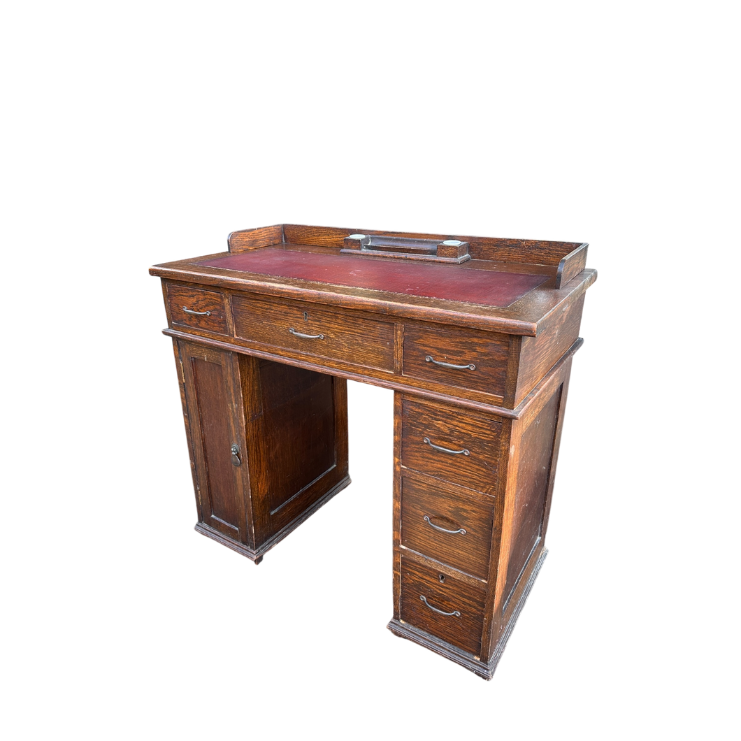 Small 1930's Leather Topped Kneehole Writing Desk With Inkwells from Selfridge & Co